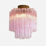 Amabel Dazzling Pink Glass Ceiling Light | Pink Glass and Brass | Front full view on a pure white background, illuminated | Severn Lighting