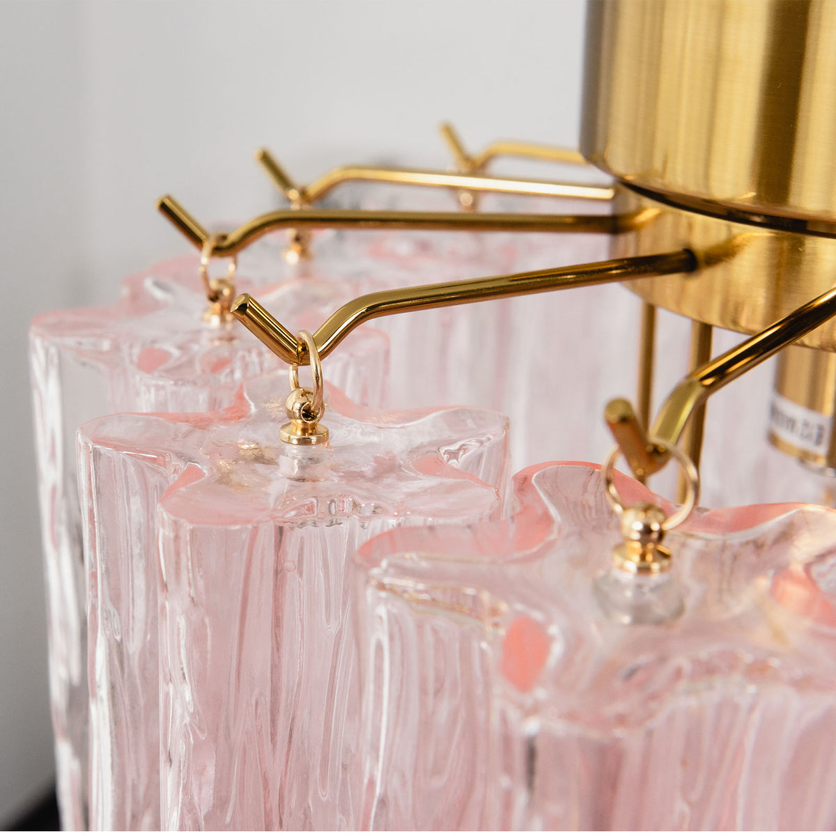 Amabel Dazzling Pink Glass Ceiling Light | Pink Glass and Brass | Macro close-up of the brass branches holding the pink glass tubes | Severn Lighting