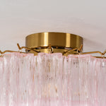 Amabel Dazzling Pink Glass Ceiling Light | Pink Glass and Brass | Close-up detail of the brushed brass flush mount canopy ceiling plate | Severn Lighting
