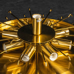 Ambleve Amber Glass Tube Flush Mount Chandelier | Fluted Amber Glass and Brass | Internal view showing the brass base frame and bulb socket structure | Severn Lighting