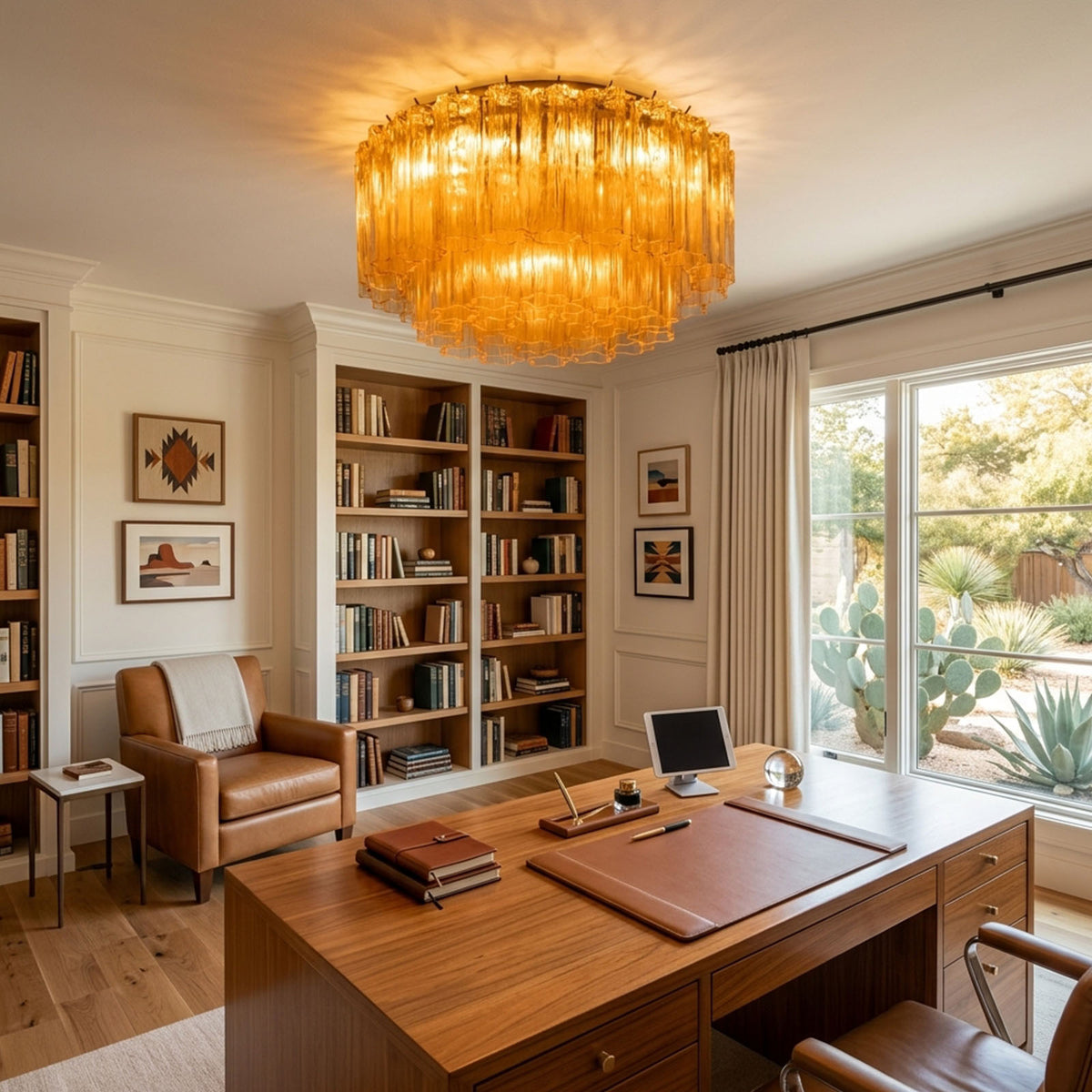 Ambleve Amber Glass Tube Flush Mount Chandelier | Fluted Amber Glass and Brass | Installed in a home office study with wooden desk and bookcases | Severn Lighting