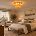 Ambleve Amber Glass Tube Flush Mount Chandelier | Fluted Amber Glass and Brass | Lighting a luxury bedroom with a king-size bed and end bench | Severn Lighting