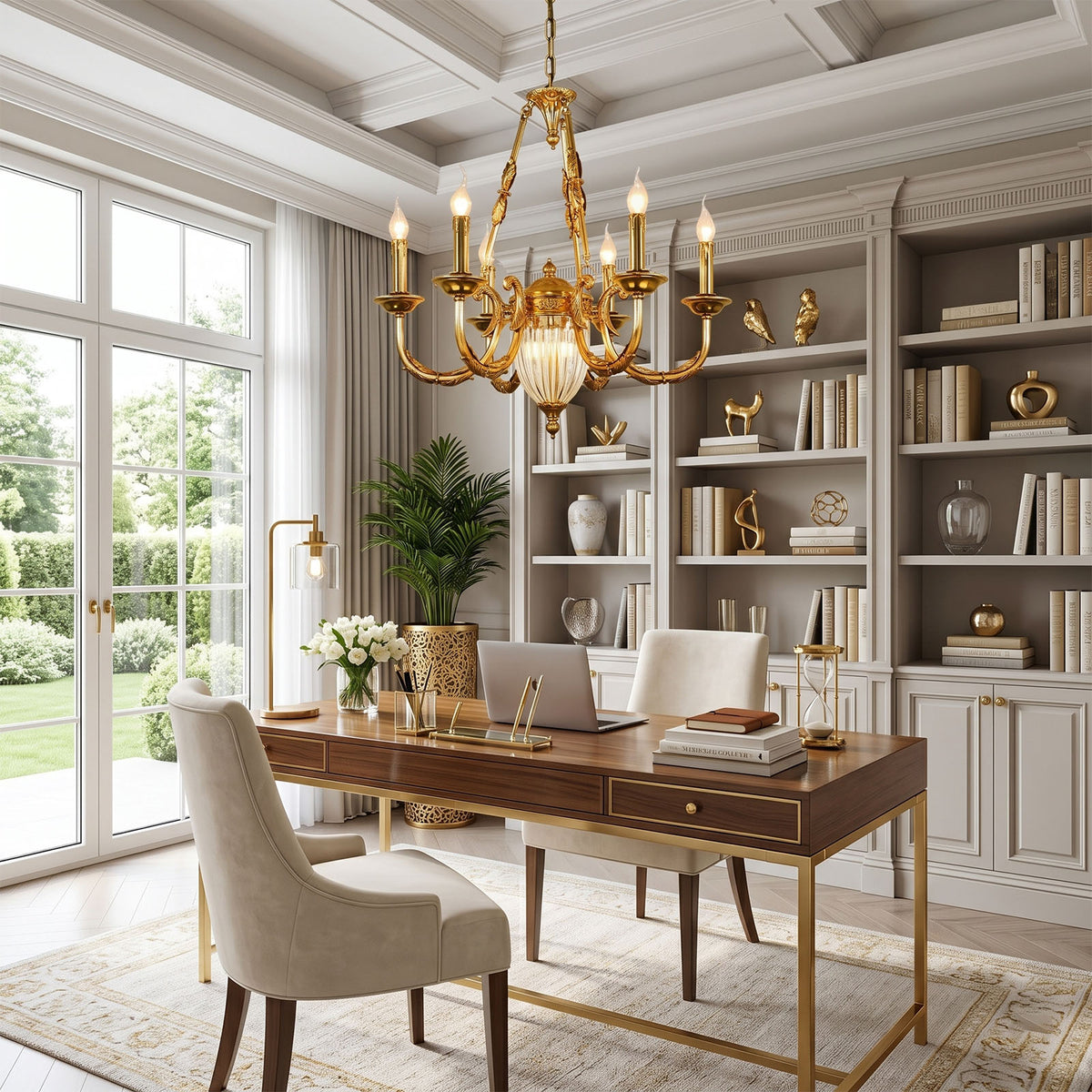 Anders Fluted Glass Urn Brass Chandelier | Fluted Glass and Brass | Hanging in an elegant home office with a wooden desk and bookshelves | Severn Lighting