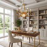 Anders Fluted Glass Urn Brass Chandelier | Fluted Glass and Brass | Hanging in an elegant home office with a wooden desk and bookshelves | Severn Lighting
