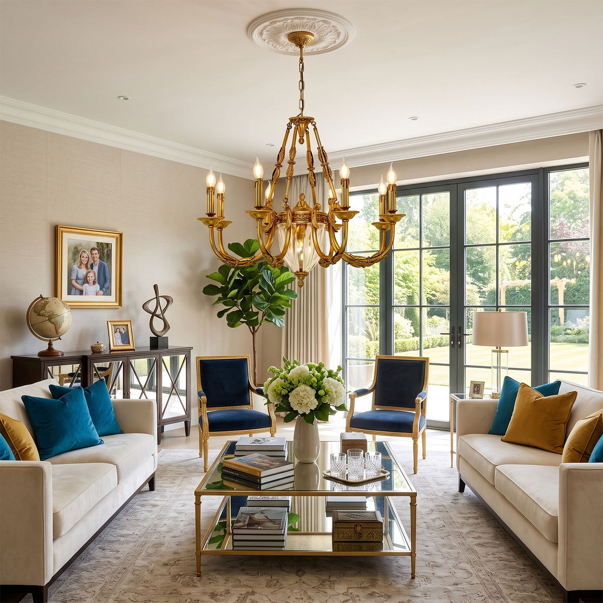 Anders Fluted Glass Urn Brass Chandelier | Fluted Glass and Brass | Centered in a spacious living room with white sofas and garden view doors | Severn Lighting