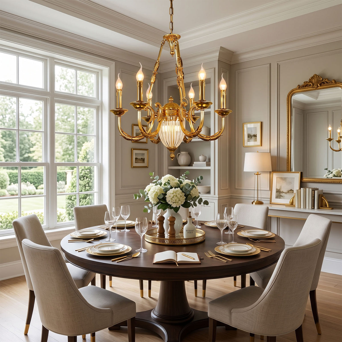 Anders Fluted Glass Urn Brass Chandelier | Fluted Glass and Brass | Suspended over a round wooden dining table in a bright dining room | Severn Lighting