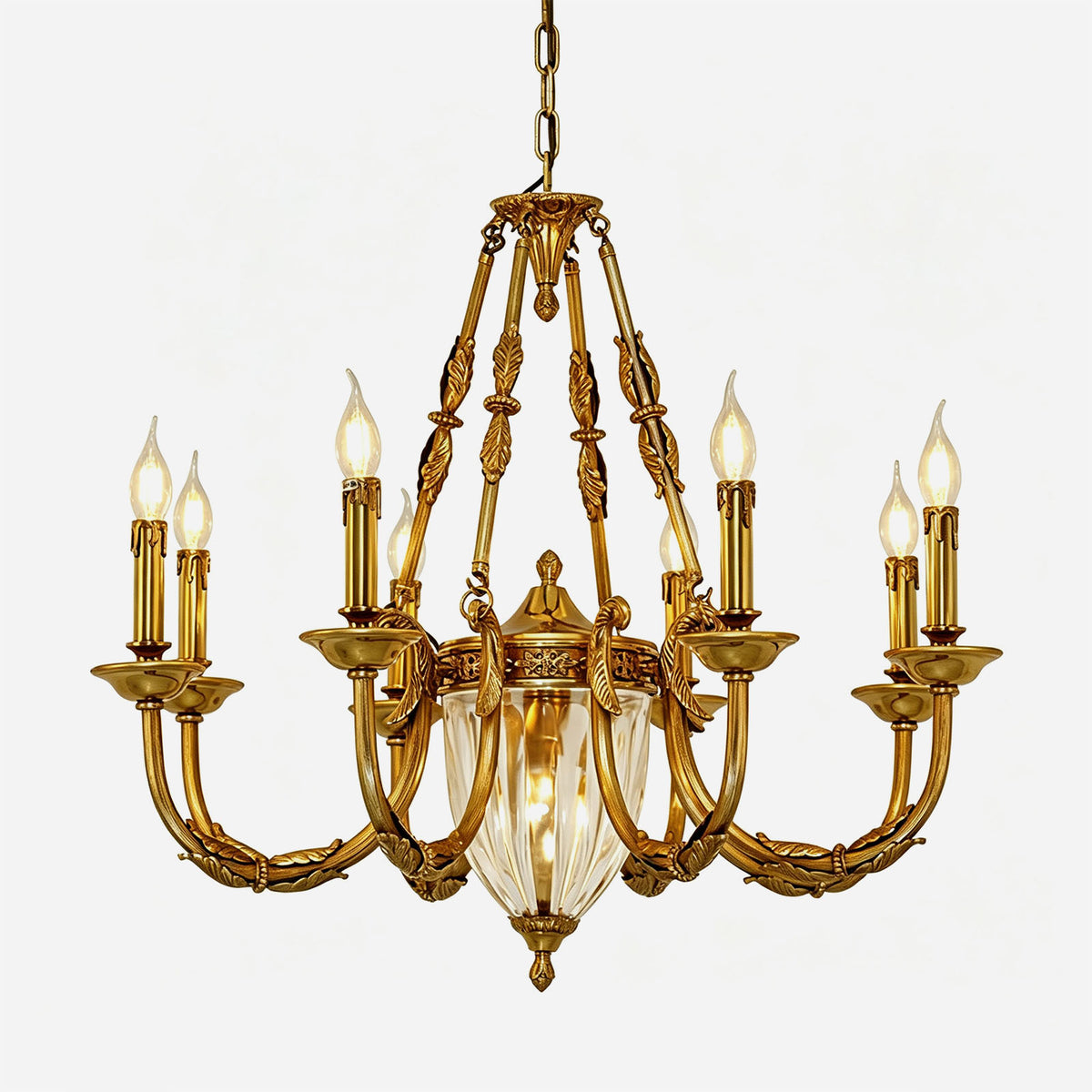 Anders Fluted Glass Urn Brass Chandelier | Fluted Glass and Brass | Full product view on a pure white background, unlit | Severn Lighting