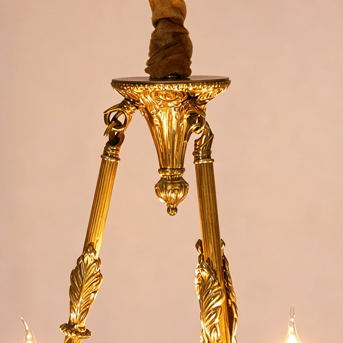 Anders Fluted Glass Urn Brass Chandelier | Fluted Glass and Brass | Close-up view of the top brass chain connector and suspension hardware | Severn Lighting