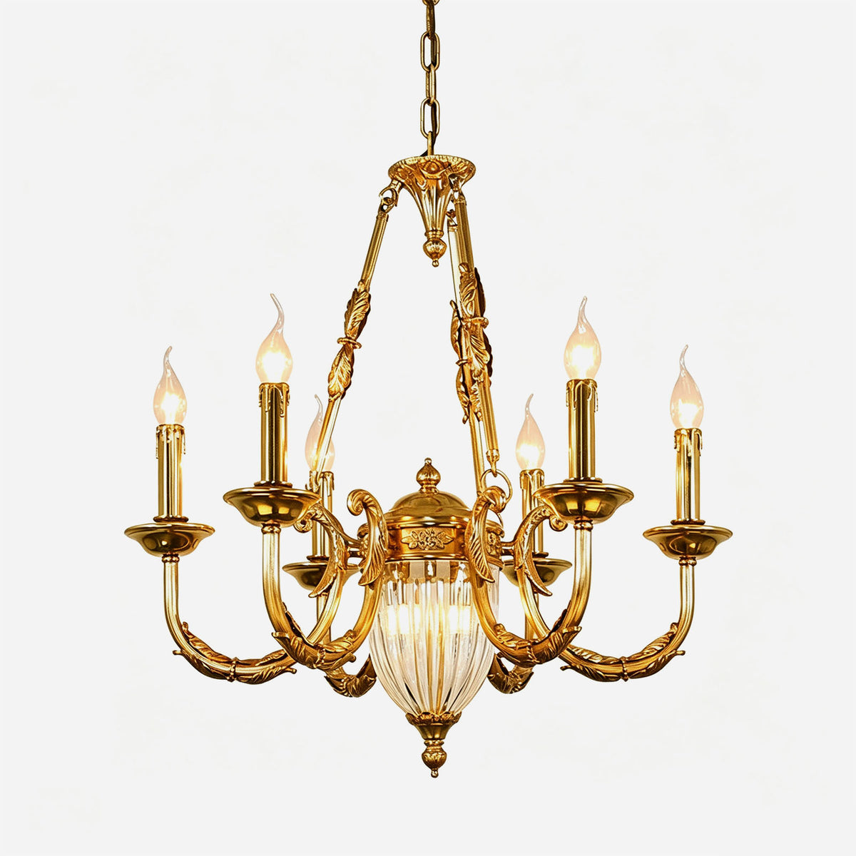 Anders Fluted Glass Urn Brass Chandelier | Fluted Glass and Brass | Front full view on a pure white background, illuminated | Severn Lighting