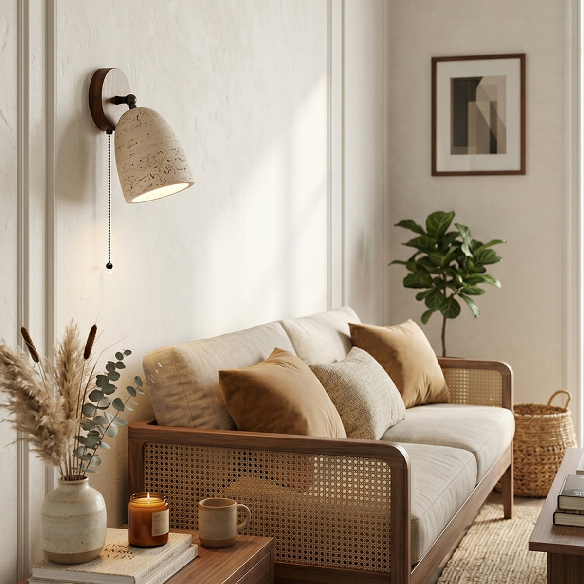 Aria Travertine Wood Wall Lamp | Travertine, Wood, Metal | Positioned as accent lighting above a chic wood and cane sofa with earthy-toned cushions in a sunlit lounge | Samu Lamp