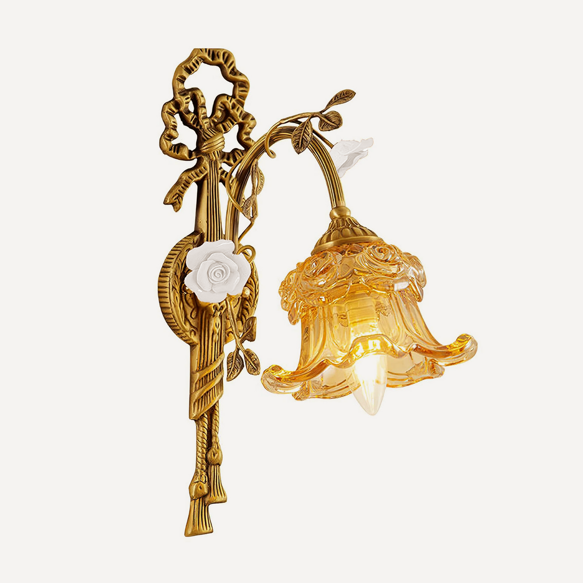 Armelle Rose Glass Brass Wall Lamp | Glass, Ceramic and Brass | Front angled view on a pure white background | Severn Lighting