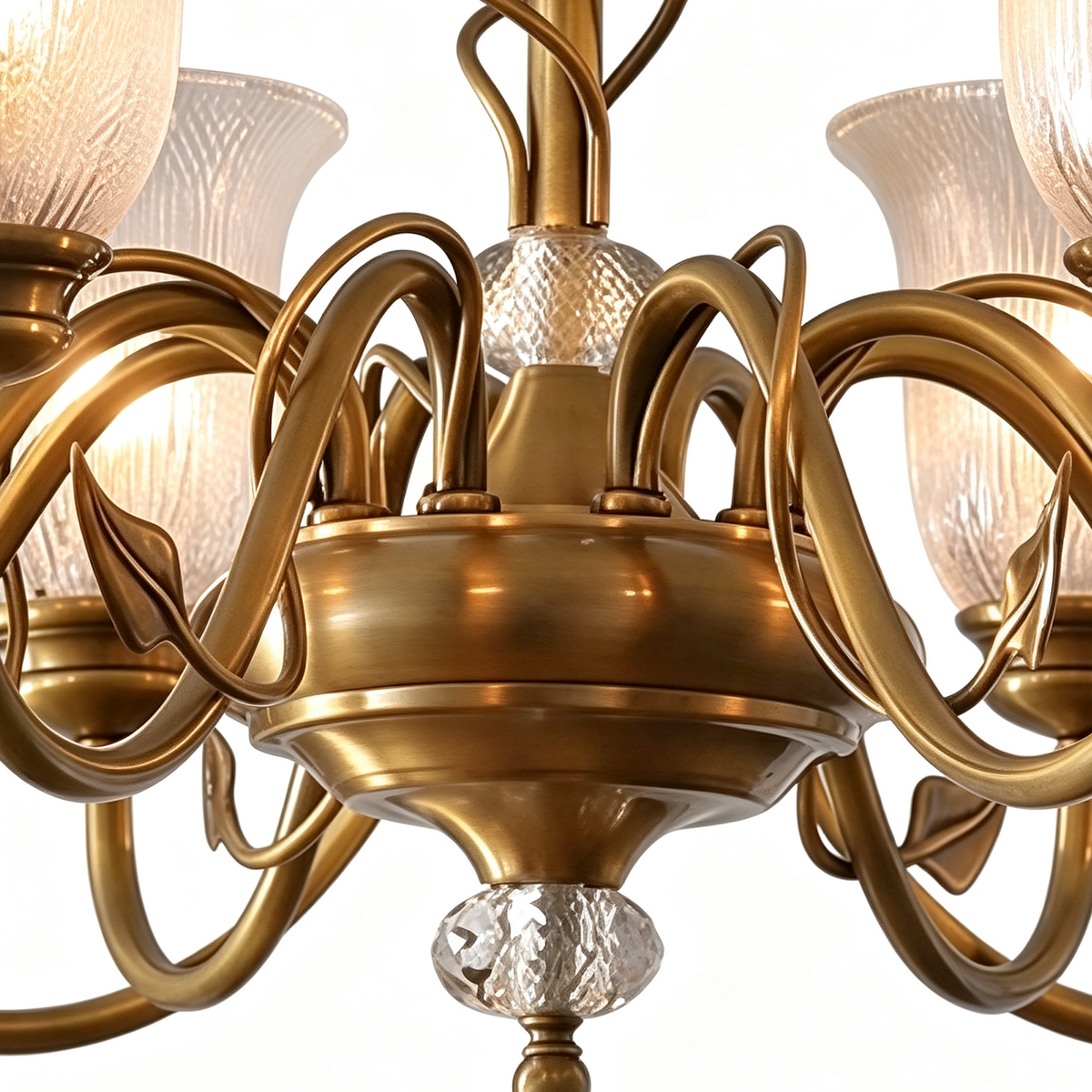 Auberon Ribbed Glass Vine Brass Chandelier | Ribbed Glass and Brass | Close-up view showing the central brass body, vine arms, and bottom ornament | Severn Lighting