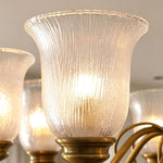 Auberon Ribbed Glass Vine Brass Chandelier | Ribbed Glass and Brass | Macro close-up of the frosted ribbed glass cup shade emitting warm light | Severn Lighting