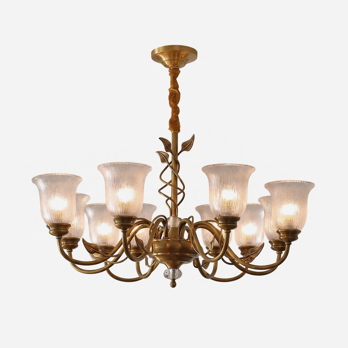 Auberon Ribbed Glass Vine Brass Chandelier | Ribbed Glass and Brass | Front full view on a pure white background, illuminated | Severn Lighting