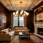 Auberon Ribbed Glass Vine Brass Chandelier | Ribbed Glass and Brass | Suspended in a classic dark wood paneled living room with a fireplace | Severn Lighting