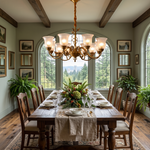Auberon Ribbed Glass Vine Brass Chandelier | Ribbed Glass and Brass | Centered above a long wooden table in a rustic dining room with green walls | Severn Lighting