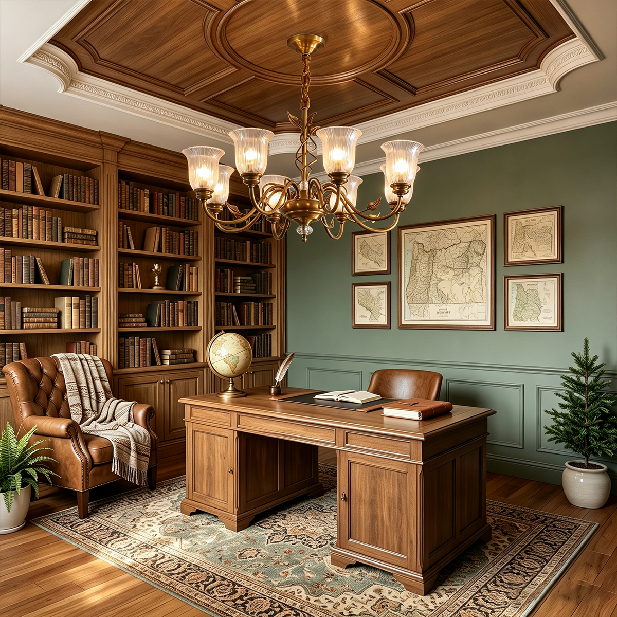 Auberon Ribbed Glass Vine Brass Chandelier | Ribbed Glass and Brass | Hanging in an executive home office library with a wooden desk and bookshelves | Severn Lighting