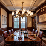 Auberon Ribbed Glass Vine Brass Chandelier | Ribbed Glass and Brass | Displayed in a formal dining room with dark wood paneling and leather chairs | Severn Lighting