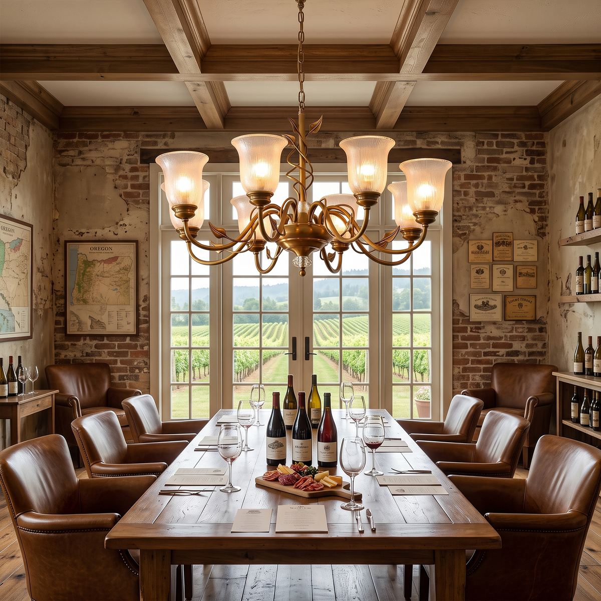 Auberon Ribbed Glass Vine Brass Chandelier | Ribbed Glass and Brass | Styled in a grand dining room with coffered ceiling and scenic window views | Severn Lighting