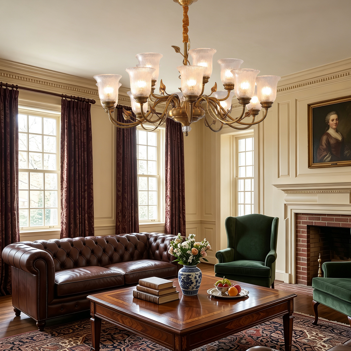 Auberon Ribbed Glass Vine Brass Chandelier | Ribbed Glass and Brass | Illuminating a traditional living room with a dark leather Chesterfield sofa | Severn Lighting