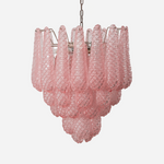 Aubine Pink Textured Glass Tiered Chandelier | Pink Textured Glass and Brass | Front full view on a pure white background | Severn Lighting