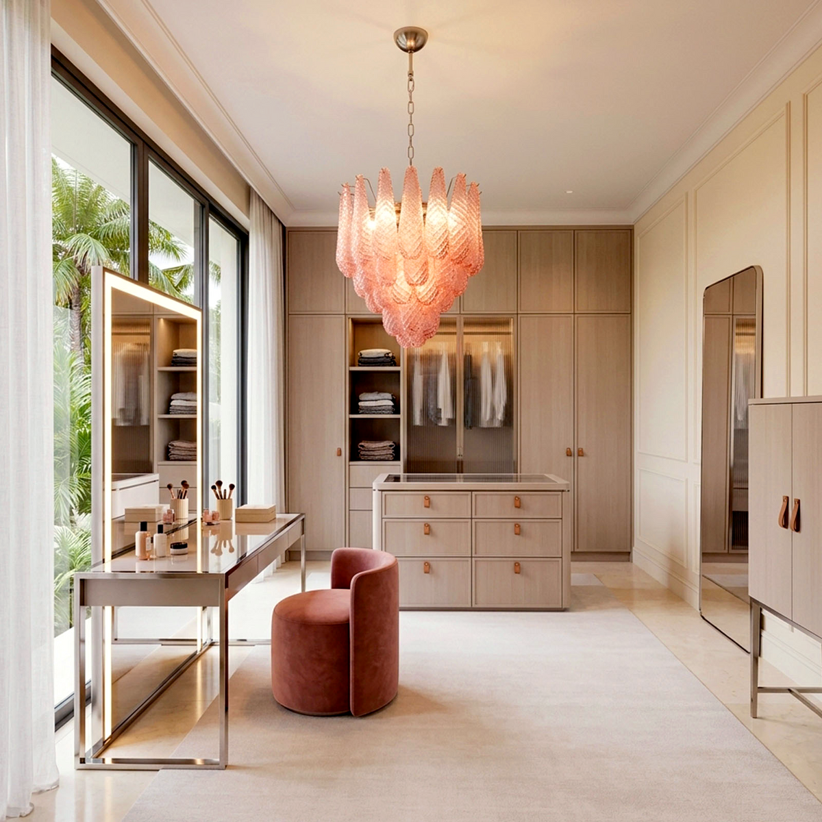 Aubine Pink Textured Glass Tiered Chandelier | Pink Textured Glass and Brass | Styled in a modern bedroom suite near a dressing vanity and hallway | Severn Lighting