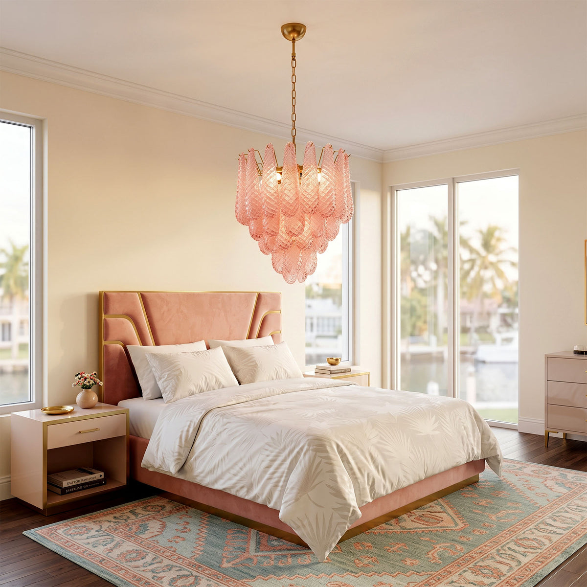 Aubine Pink Textured Glass Tiered Chandelier | Pink Textured Glass and Brass | Hanging in a cozy bedroom above a tufted bed near large windows | Severn Lighting
