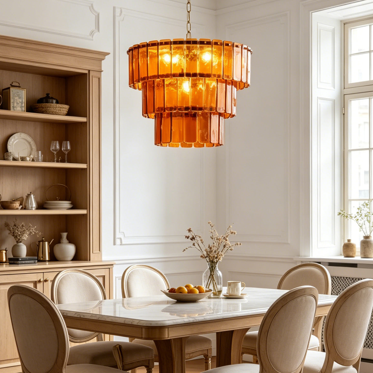 Aurelia Tiered Amber Glass Chandelier | Glass, Metal | Positioned gracefully above a long wooden dining table paired with beige upholstered chairs in a refined classical dining room | Severn Lighting