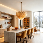 Auriane Fluted Amber Glass Chandelier | Fluted Amber Glass and Brass | Warm lighting in an open kitchen dining area with large windows | Severn Lighting