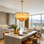 Auriane Fluted Amber Glass Chandelier | Fluted Amber Glass and Brass | Suspended in a minimalist kitchen space over the counter | Severn Lighting