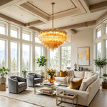 Auriane Fluted Amber Glass Chandelier | Fluted Amber Glass and Brass | Enhancing a spacious living room with cozy sofa seating | Severn Lighting