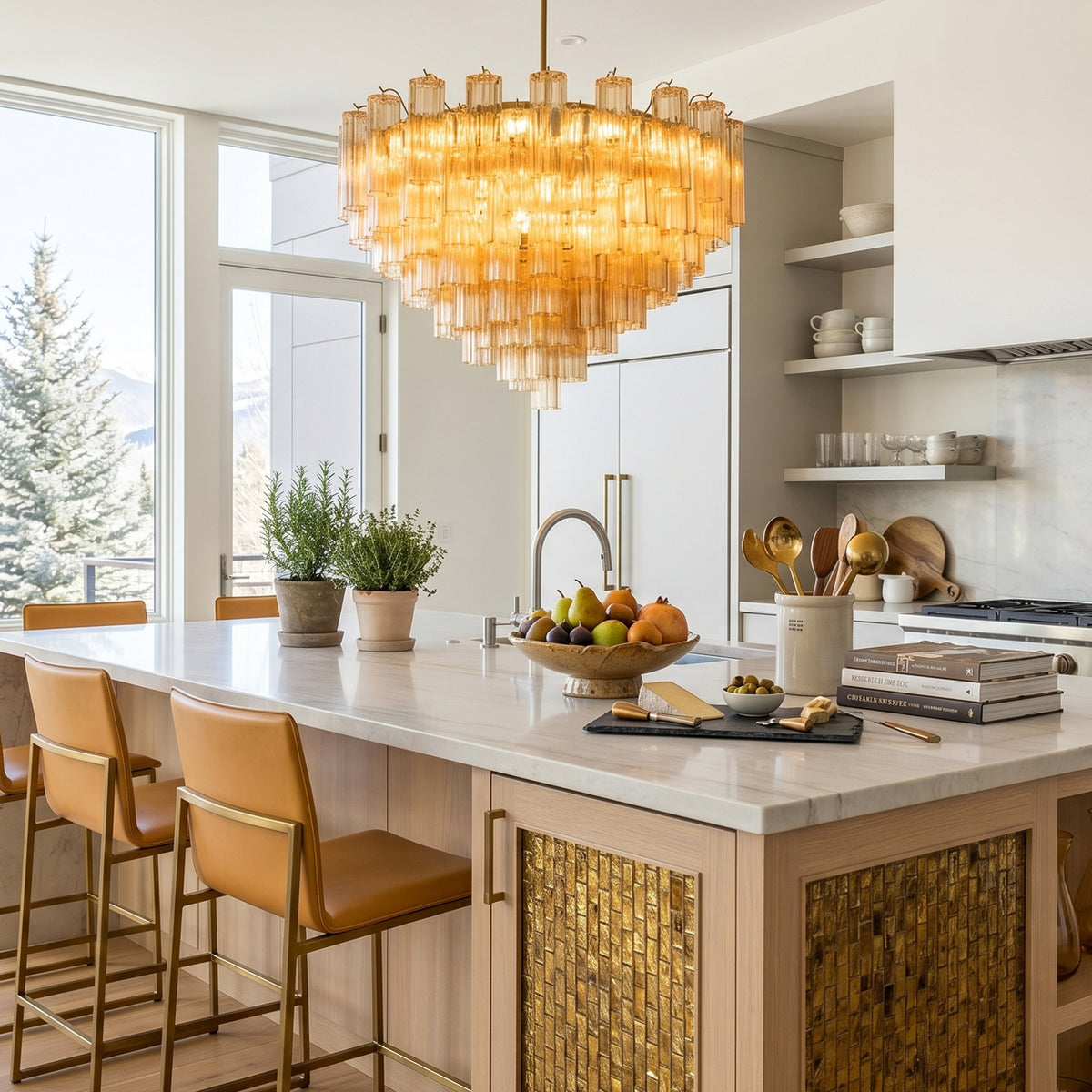 Auriane Fluted Amber Glass Chandelier | Fluted Amber Glass and Brass | Hanging above a modern kitchen island with bar stools | Severn Lighting