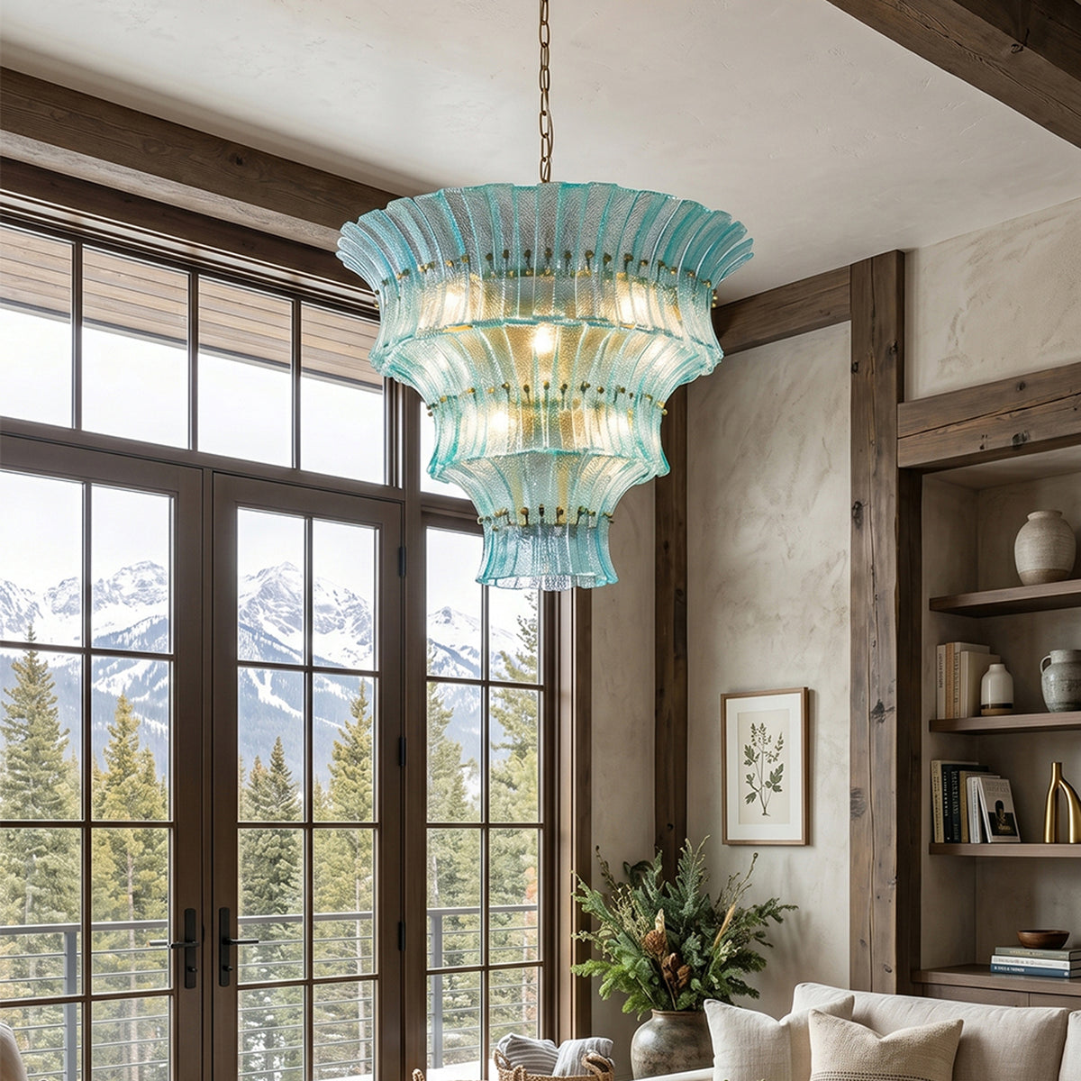 Azura Aquamarine Cascading Glass Chandelier | Glass, Metal | Installed as a grand overhead statement centerpiece in a mountain lodge living room with high ceilings and a view of snowy peaks | Severn Lighting