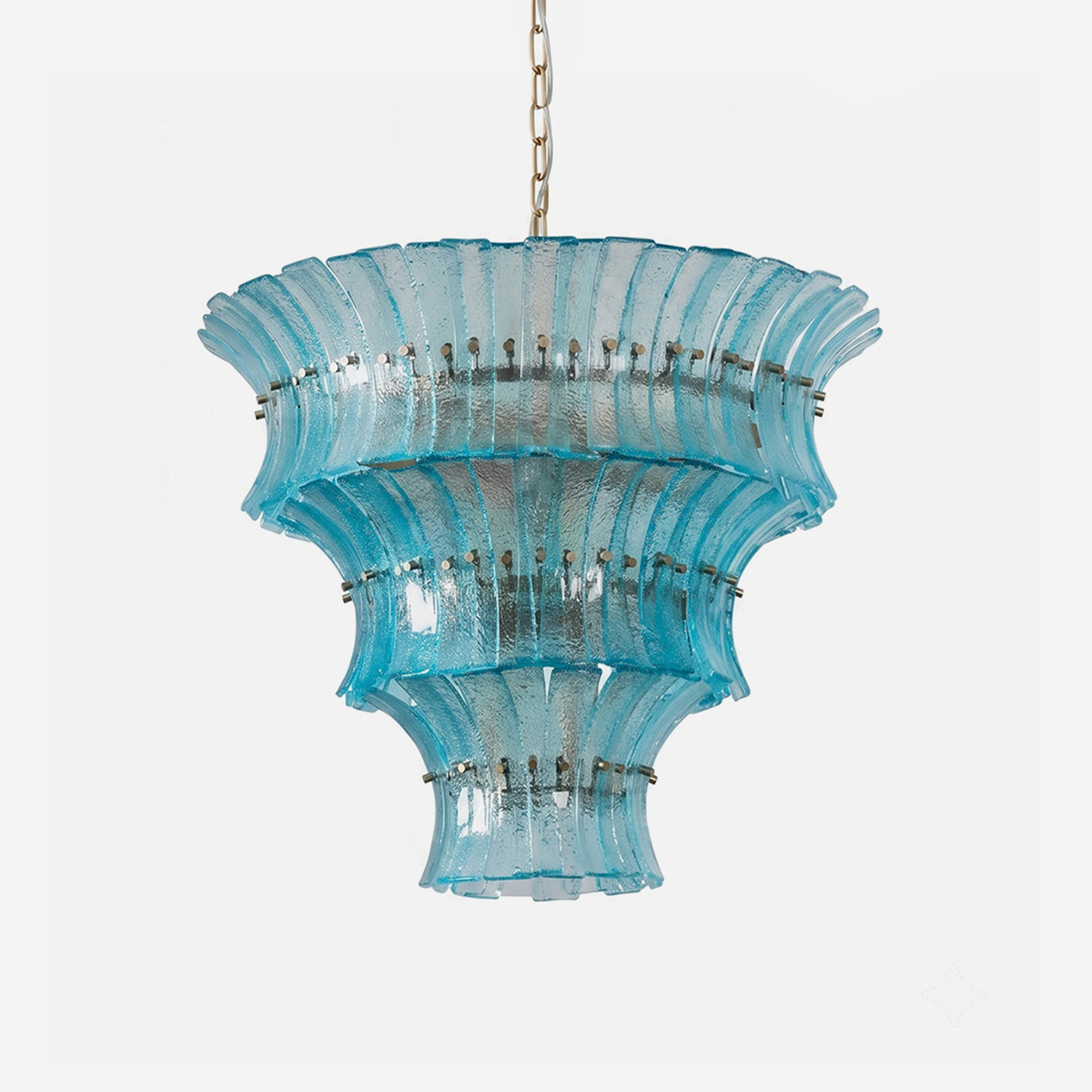 Azura Aquamarine Cascading Glass Chandelier | Glass, Metal | Fully lit multi-tiered luxury chandelier featuring cascading curved aquamarine blue textured glass panels on a gold brass frame | Isolated shot on white background | Severn Lighting