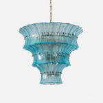 Azura Aquamarine Cascading Glass Chandelier | Glass, Metal | Fully lit multi-tiered luxury chandelier featuring cascading curved aquamarine blue textured glass panels on a gold brass frame | Isolated shot on white background | Severn Lighting