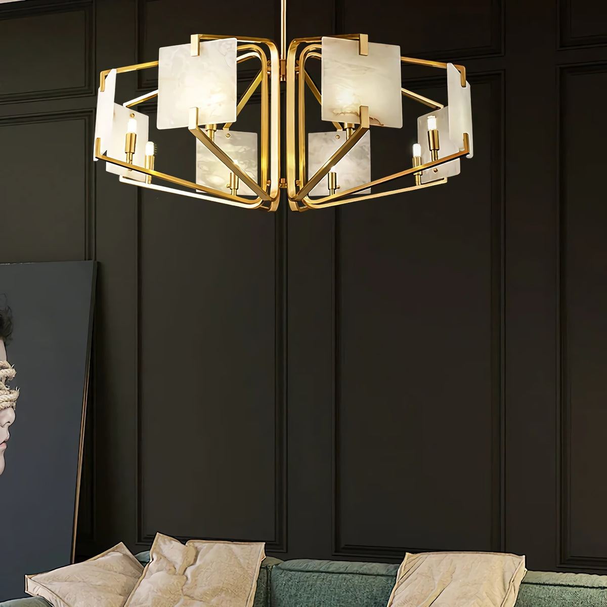 Brass Frame Alabaster Panel Chandelier
