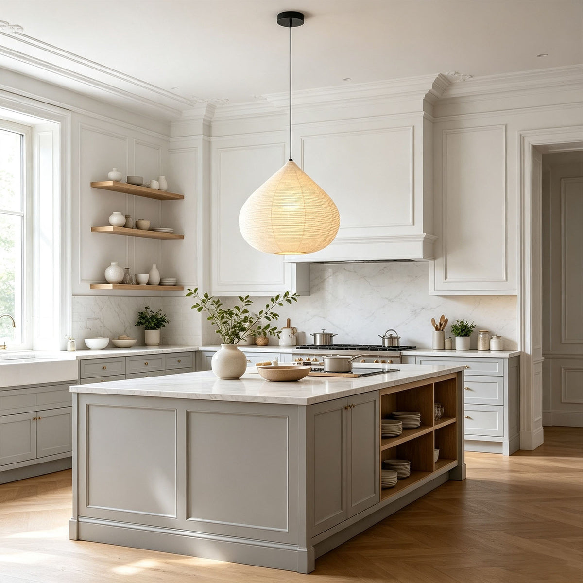 Bryony Teardrop Paper Pendant Light | Washi Paper and Metal | Suspended in a bright white kitchen over a cooking island | Severn Lighting