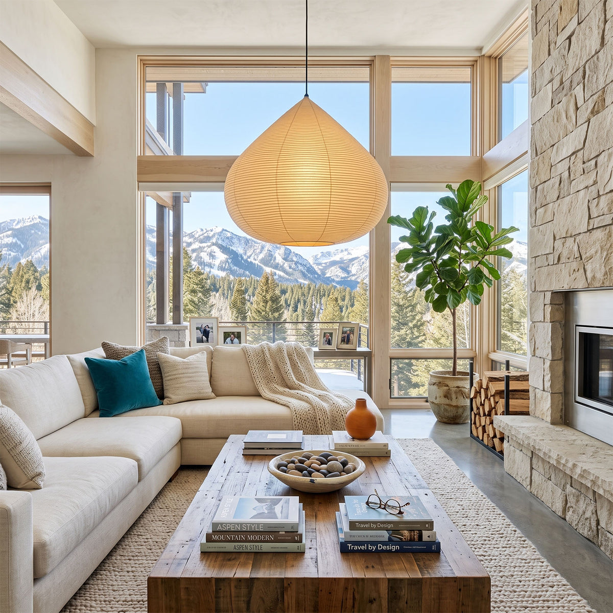 Bryony Teardrop Paper Pendant Light | Washi Paper and Metal | Centered in a spacious living room with large windows and a sofa | Severn Lighting