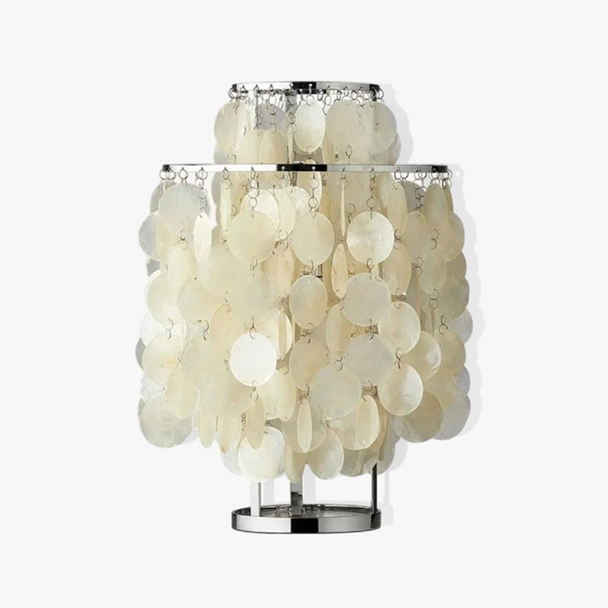 Callista Tiered Capiz Table Lamp | Capiz, Metal | Studio variant shot of the fully lit table lamp radiating a glowing warm halo against a pitch black background | Severn Lighting