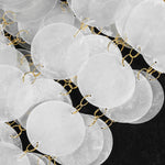 Callista Tiered Capiz Table Lamp | Capiz, Metal | Macro close-up shot focusing on the delicate layered white capiz shell discs overlapping each other under soft ambient light | Detail shot | Severn Lighting