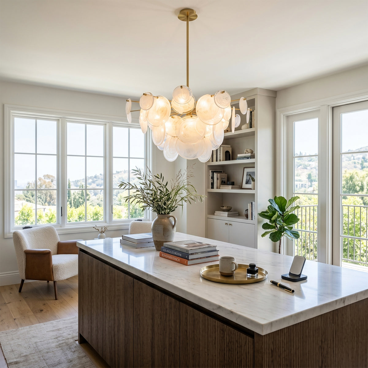 Celestia Art Glass Disc Chandelier | Glass, Metal | Positioned as an elegant statement accent light above a luxury dark wood kitchen island counter with minimalist bar stools | Severn Lighting