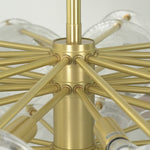 Celestia Art Glass Disc Chandelier | Glass, Metal | Up-close structural view of the brushed gold brass central sphere core and radial frame spokes with sockets | Detail shot | Severn Lighting