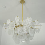 Celestia Art Glass Disc Chandelier | Glass, Metal | Unlit frontal studio view of the multi-disc organic chandelier suspended against a plain off-white background | Severn Lighting