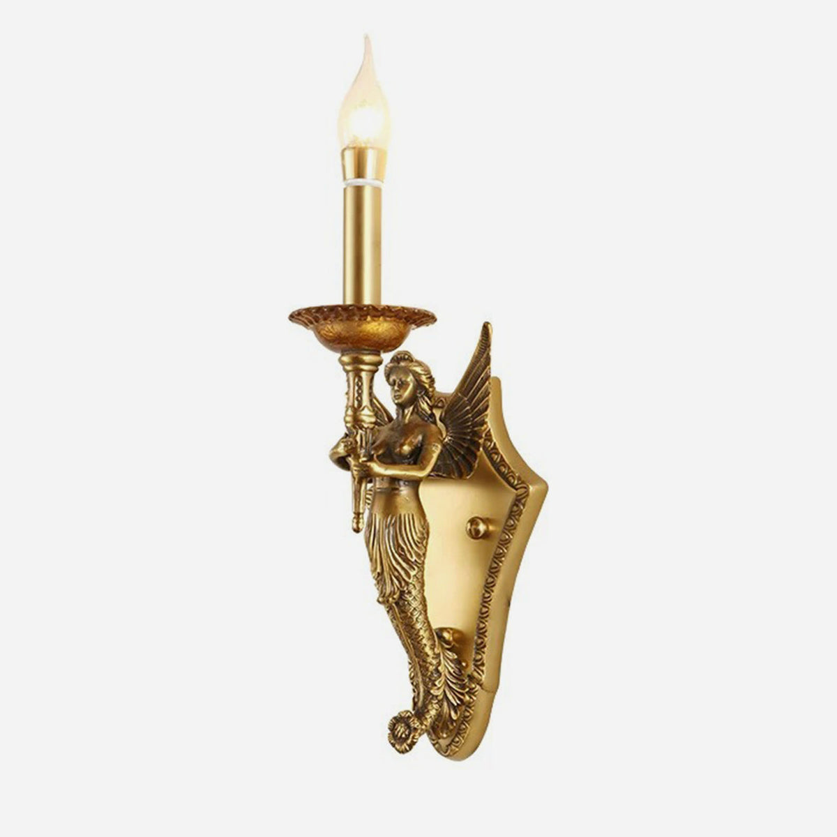 Clemency Winged Figure Brass Sconce | Cast Brass and Glass | Front full view on a pure white background, illuminated | Severn Lighting