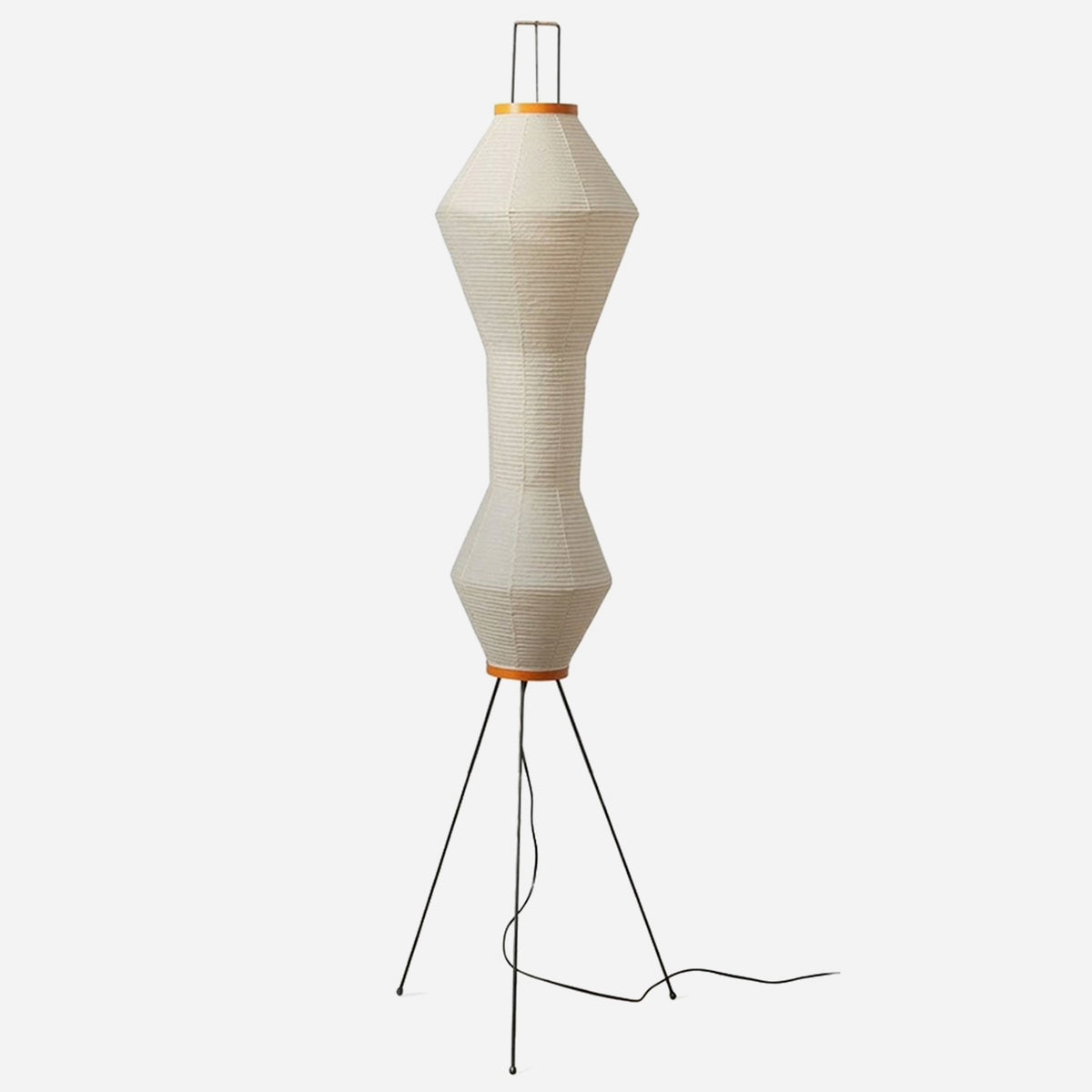 Cosima Hourglass Washi Paper Floor Lamp | Japanese Wabi-Sabi Paper and Black Tripod | Full product view isolated on a clean white background showing the sculpted hourglass paper shade and tripod legs | Severn Lighting