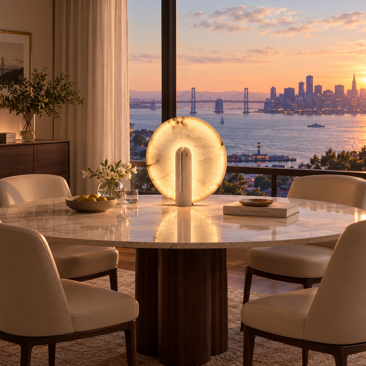 Elvire Alabaster Disc Table Lamp | Natural Alabaster | Displayed on a round dining table with scenic city sunset view | Severn Lighting