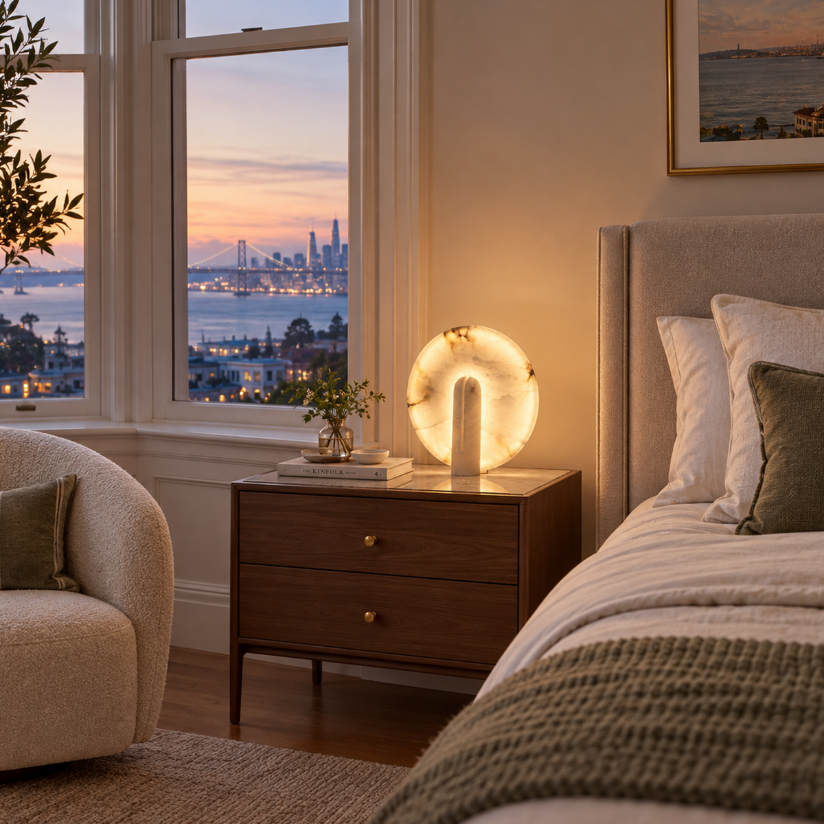 Elvire Alabaster Disc Table Lamp | Natural Alabaster | Lighting a wooden nightstand in a bedroom with sunset city views | Severn Lighting