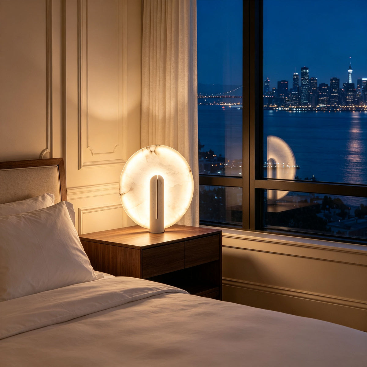 Elvire Alabaster Disc Table Lamp | Natural Alabaster | Glowing softly on a wooden nightstand beside a bed near coastal window | Severn Lighting