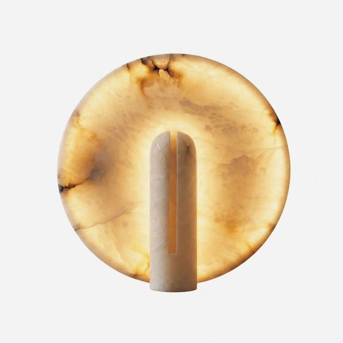 Elvire Alabaster Disc Table Lamp | Natural Alabaster | Front full view on a pure white background, illuminated | Severn Lighting