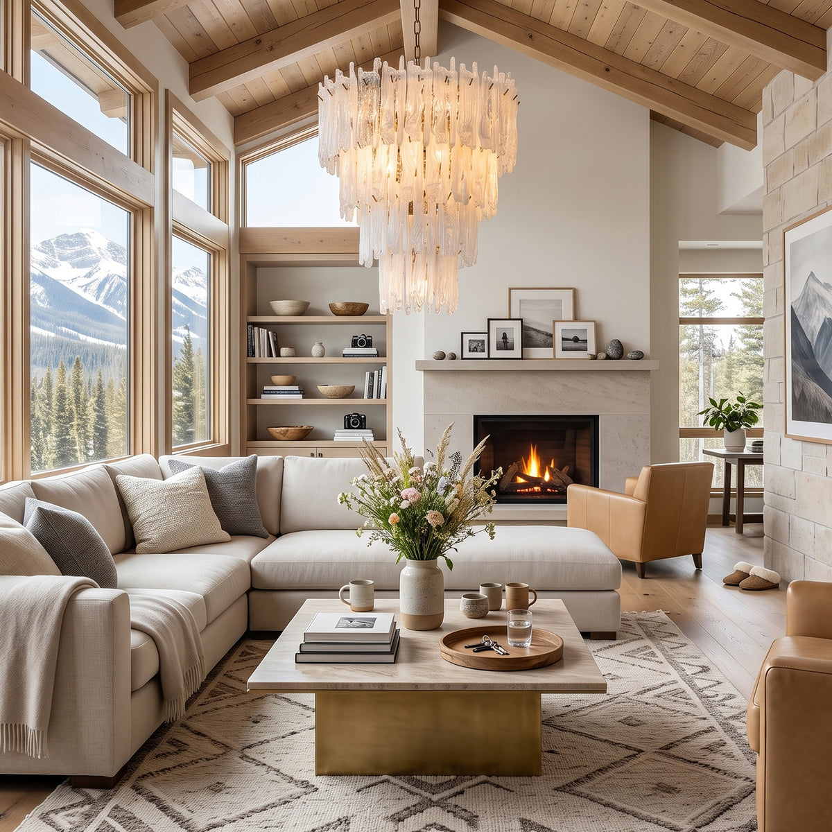 Ethereal Icicle Waterfall Chandelier | Frosted Icicle Glass and Gold Brass | Hanging in a cozy rustic chalet living room with a high wood ceiling and a stone fireplace | Severn Lighting